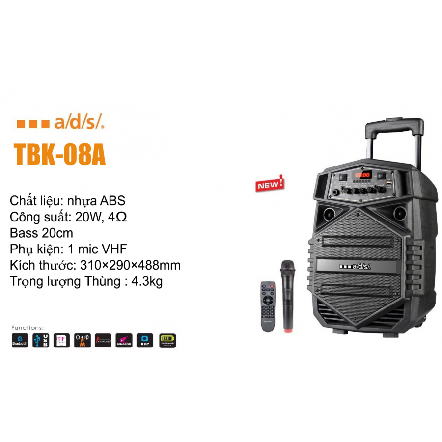 Loa kéo di động A/D/S TBK-08A chính hãng. Tặng kèm 1 mic cầm tay
